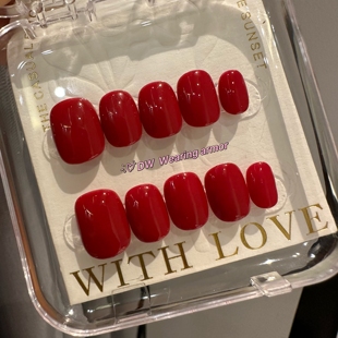 美甲显白美甲手工定制 纯色红色高级小众穿戴甲短款 DW轻奢Nail
