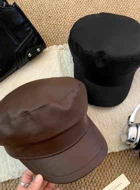 凉芳英伦风PU皮贝雷帽女早秋复古海军风显脸小八角帽百搭报童帽子