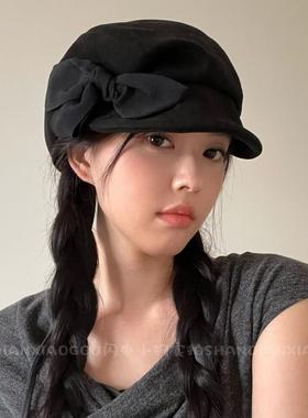 英伦风复古蝴蝶结短檐画家帽春秋季大头围显脸小气质优雅贝雷帽