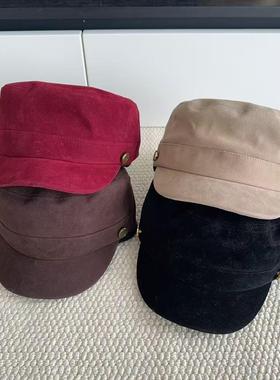 复古黑色麂皮绒平顶帽女秋冬季英伦风鸭舌帽大头围文艺百搭报童帽