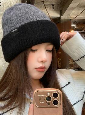 女秋冬季双层撞色针织帽大头围冷帽百搭套头帽子保暖显脸小堆堆帽