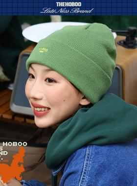 原创小刺绣针织帽女秋冬保暖毛线帽男帽子冷帽显脸小抹茶绿个性帽