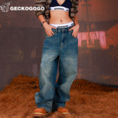 GECKOGOGO美式 街头宽松直筒简约百搭水洗重磅牛仔裤