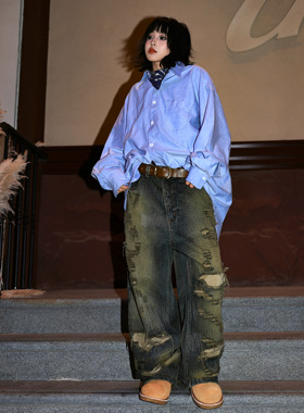 Gecko美式复古水洗做旧破洞重工刺绣加厚牛仔裤男女同款乞丐裤