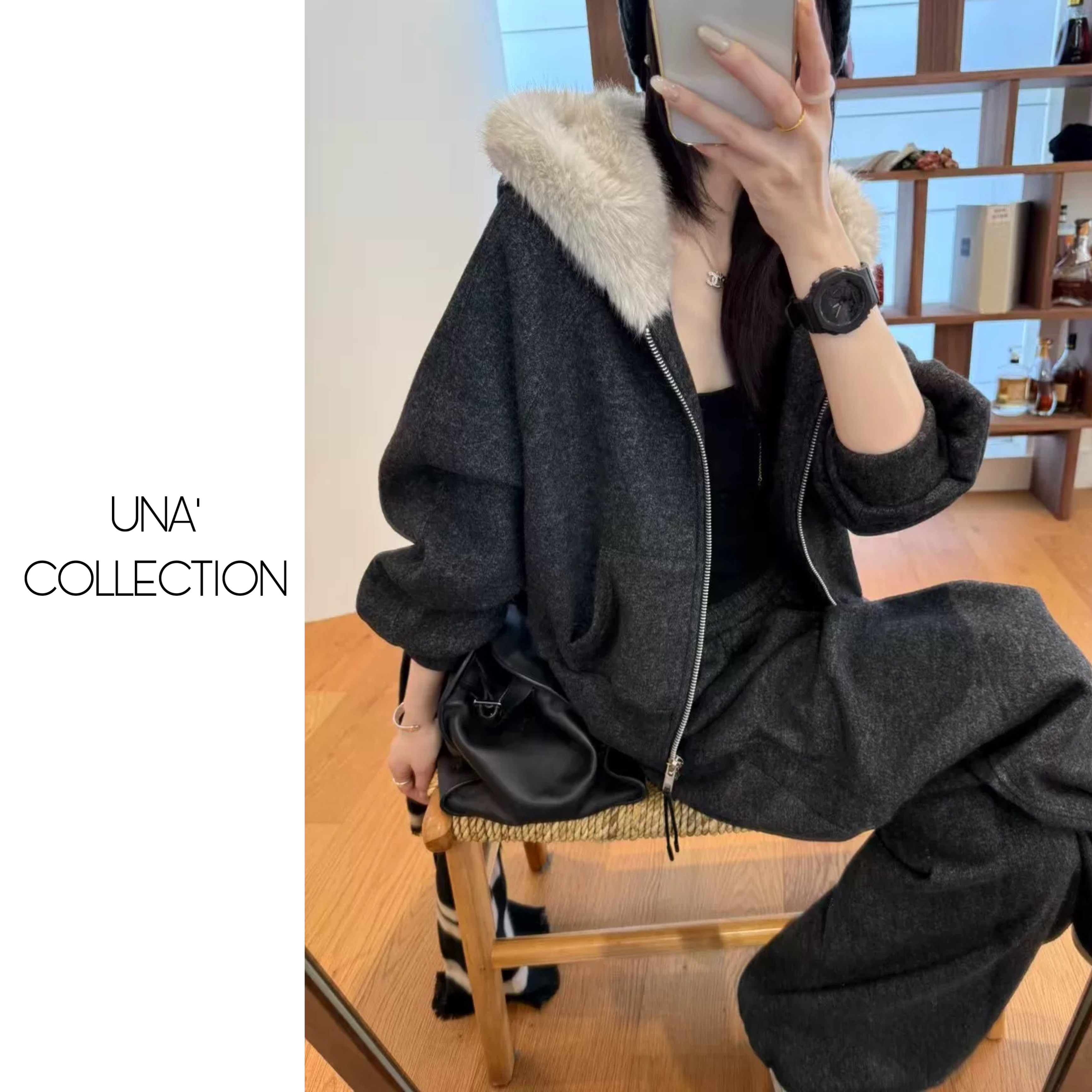 【吉满】欧版加厚一体绒环保毛连帽慵懒卫衣+弯刀卫裤套装JM3017