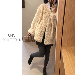 立领麂皮绒内胆小湖羊卷边袖 自制款 环保毛毛短外套JM3019 吉满