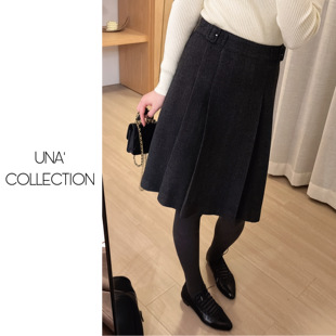 韩系miu灰色百褶羊毛呢高腰显瘦半身裙中裙JM3011 吉满