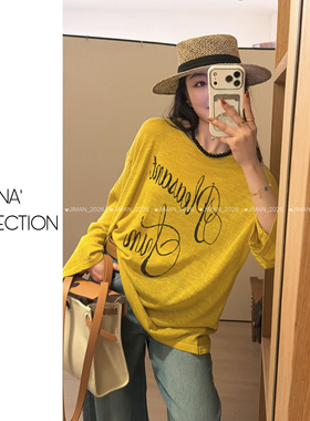 【吉满】幻彩亚麻慵懒随性字母宽松圆领休闲针织长袖防晒T恤JM308