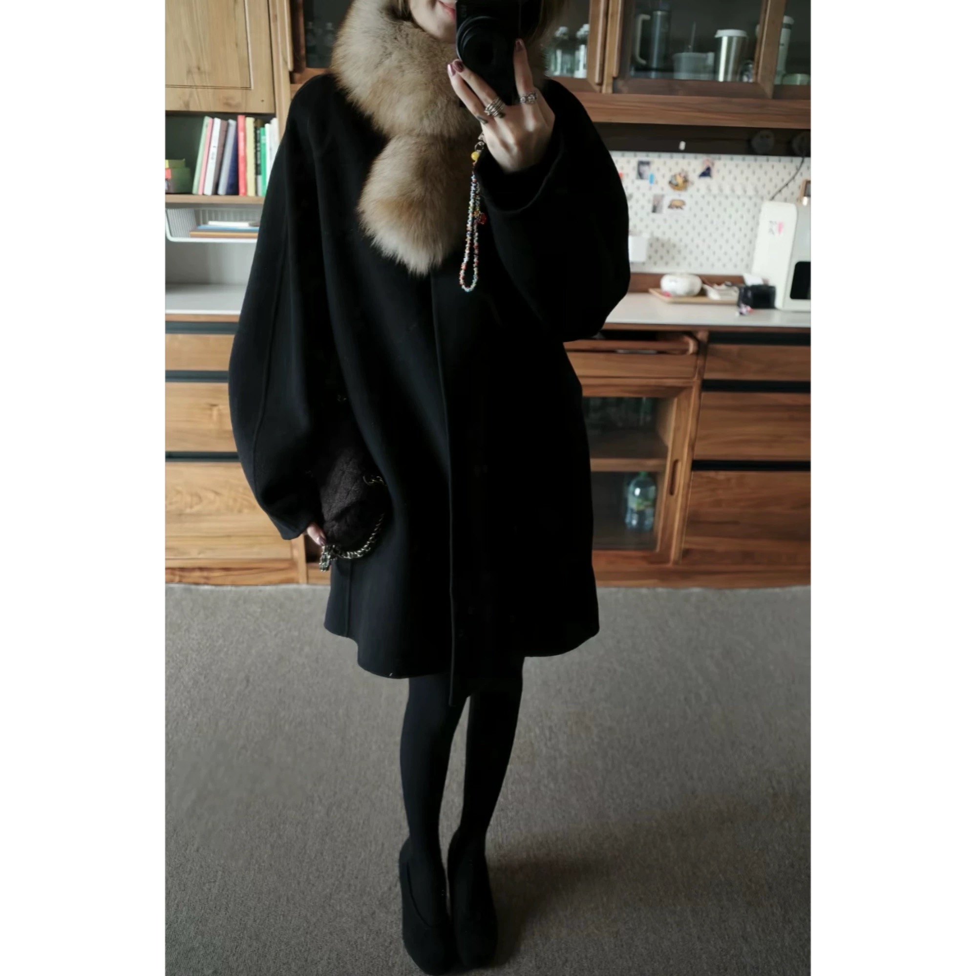 【吉满】黑色诧寂风年底战袍系列A字廓形手工双面羊毛大衣JM3016