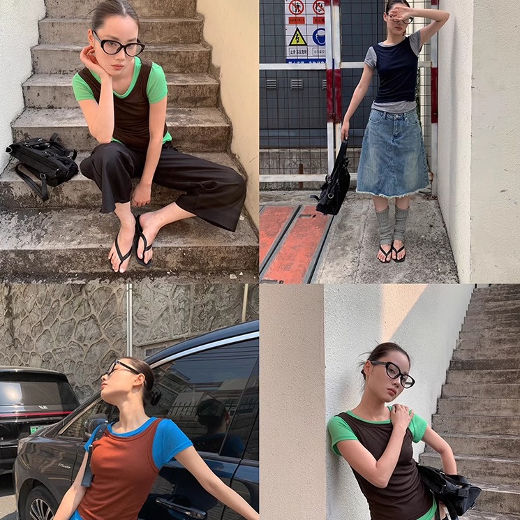 LOOPME拼接撞色T恤女小众假两件