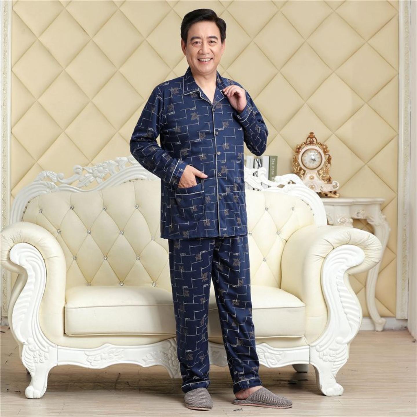 中老年男士睡衣长袖100%纯棉秋