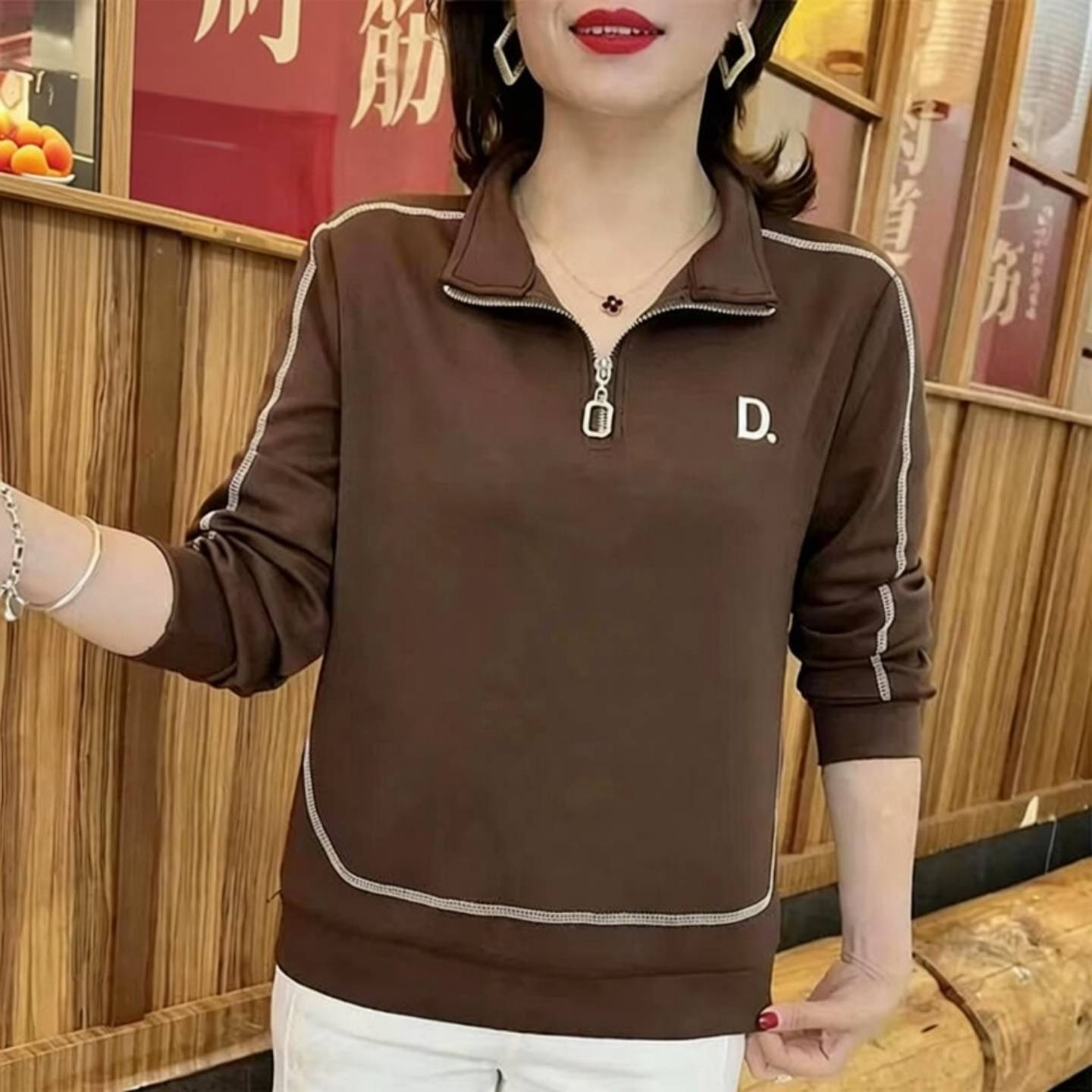 秋季宽松POLO衫长袖卫衣女中老年