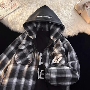 高级感痞帅格子外套男款长袖冬季宽松加厚加绒休闲上衣双面穿夹克