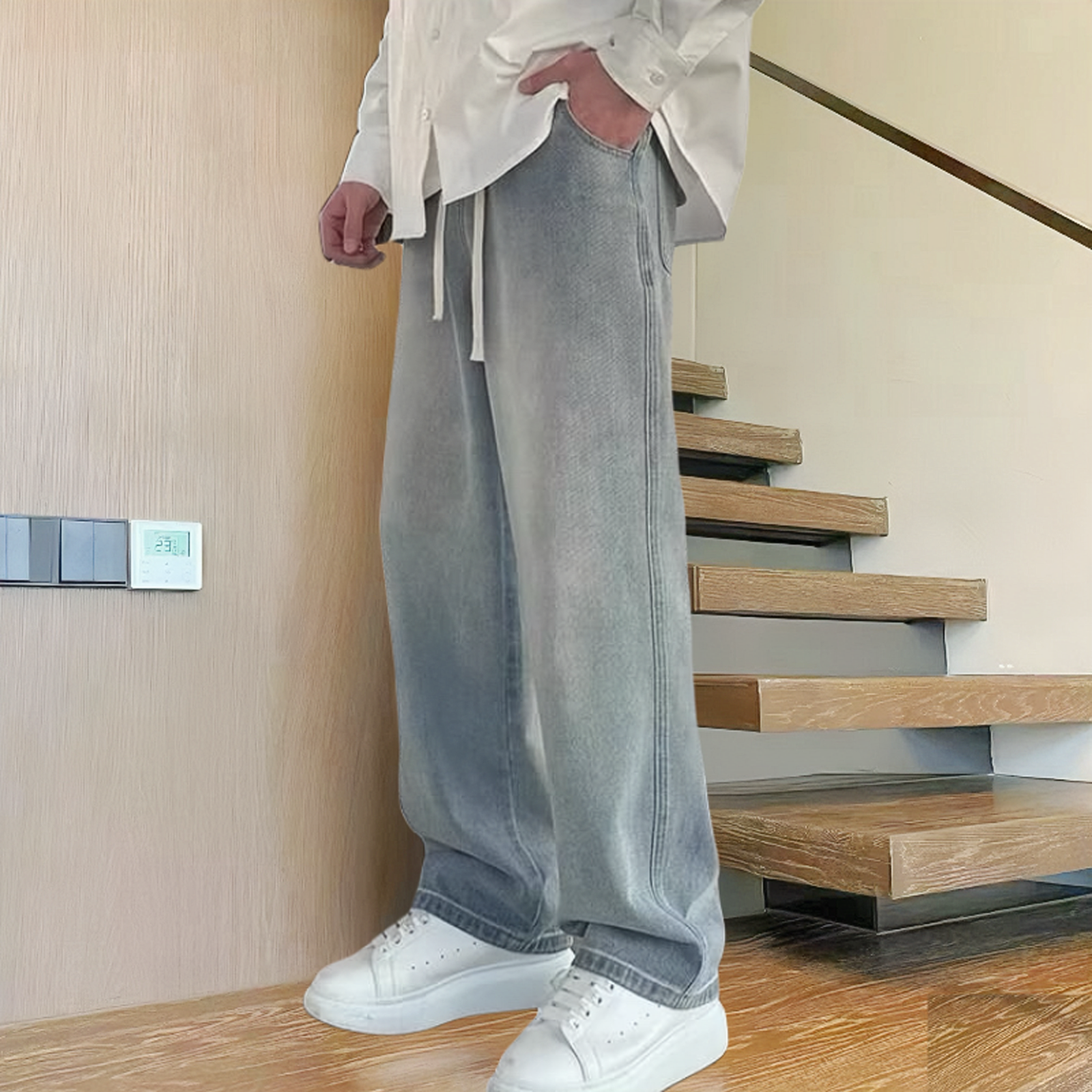 秋季休闲宽松牛仔裤男女款潮流百搭水洗美式高街垂感抽绳直筒裤子