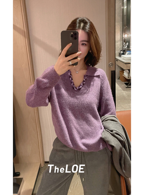 骆衣衣TheLOE/绵羊毛+动物毛小V气质翻领小众宽松长袖针织衫