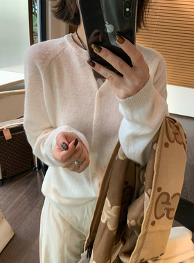 骆衣衣TheLOE/天丝羊毛羊绒V领针织拼色百搭简约休闲开衫