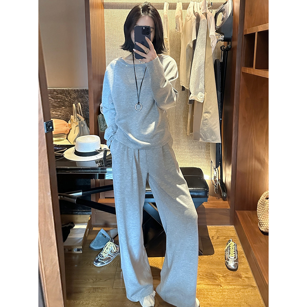 骆衣衣TheLOE不费力气超自然收褶丝滑天丝卫衣套装灰色休闲两件套