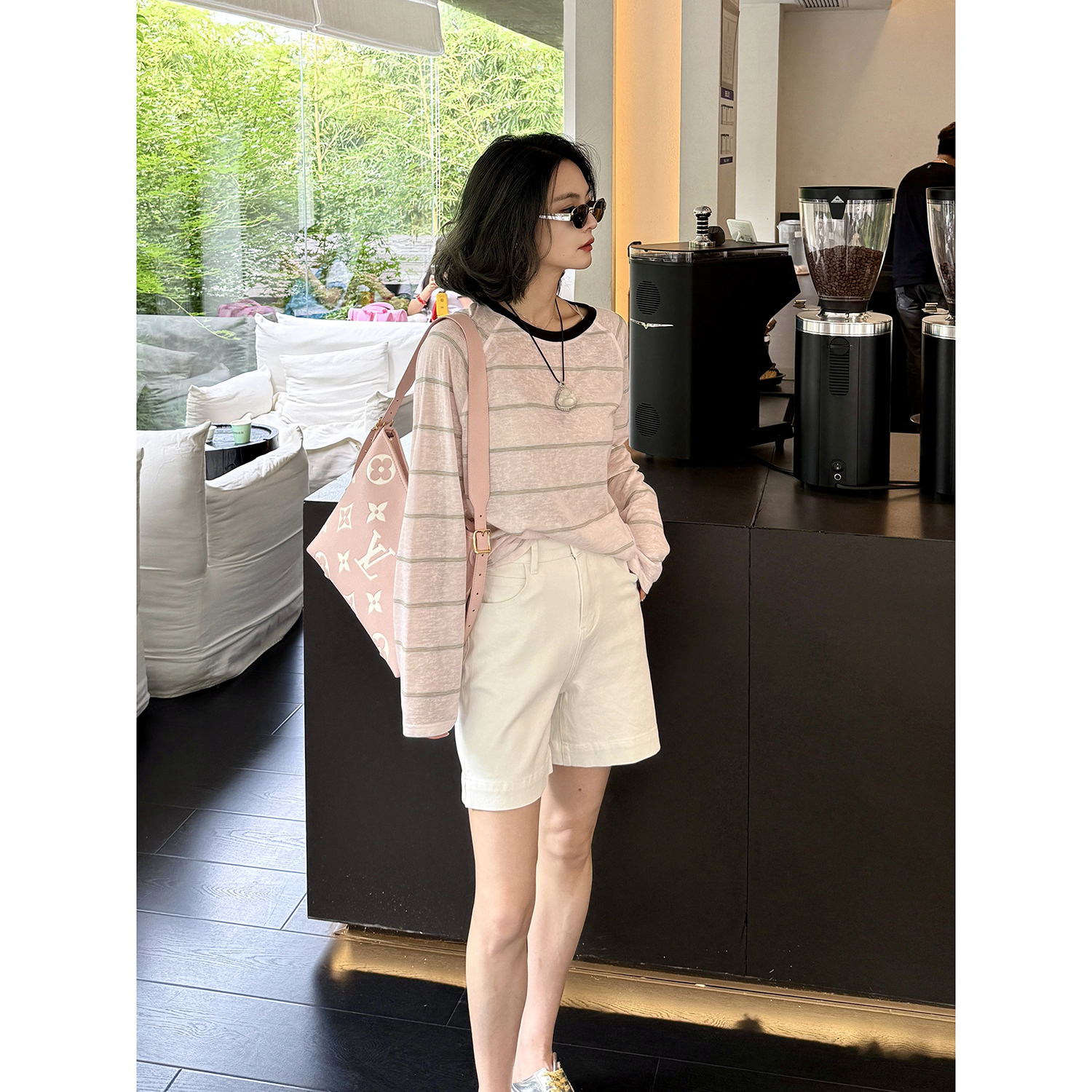 Theloe骆衣衣粉色条纹T恤女长袖夏季新款慵懒风防晒短款上衣薄款