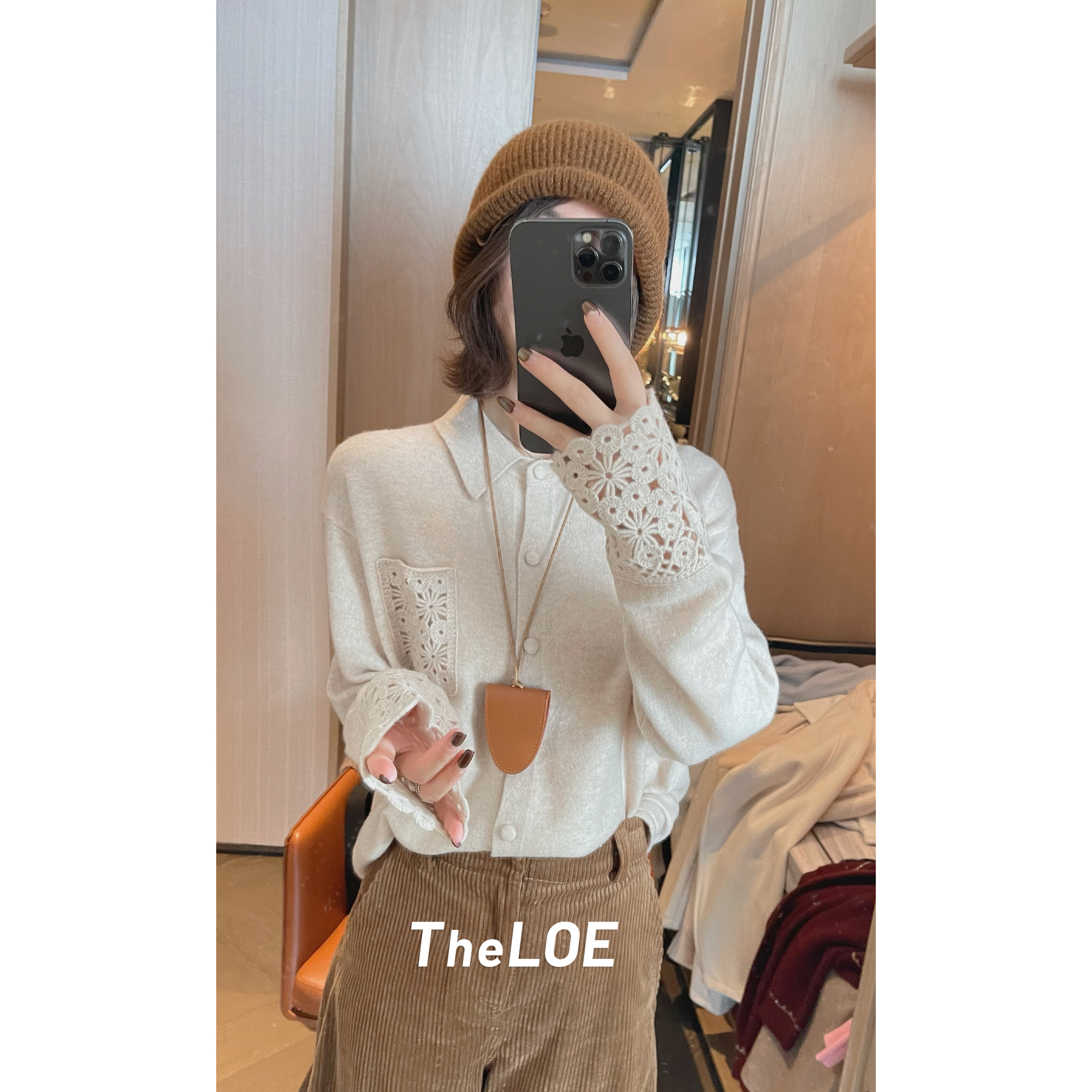 骆衣衣TheLOE/百分百羊毛POLO领百搭减龄气质感钩花针织衬衫