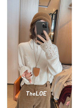 骆衣衣TheLOE/百分百羊毛POLO领百搭减龄气质感钩花针织衬衫