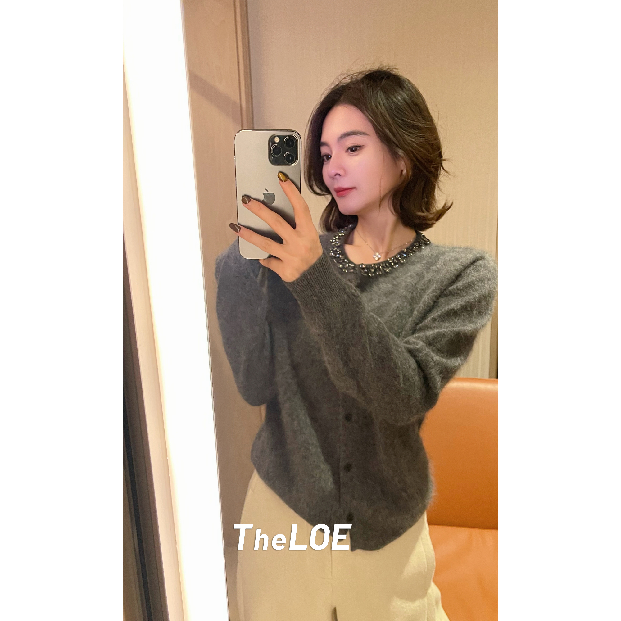 骆衣衣TheLOE/羊毛羊绒圆领串珠亮片百搭拉毛针织开衫