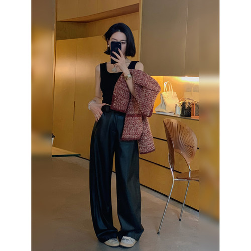 骆衣衣TheLOE/高腰显瘦高级感休闲百搭宽松直筒皮裤