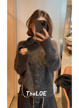 骆衣衣TheLOE/真丝羊绒羊毛POLO领拉绒半开衫针织衫