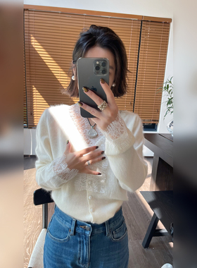 骆衣衣TheLOE/羊毛羊绒天丝V领拉毛重工蕾丝钩花单排扣针织开衫