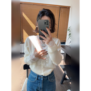 骆衣衣TheLOE 羊毛羊绒天丝V领拉毛重工蕾丝钩花单排扣针织开衫