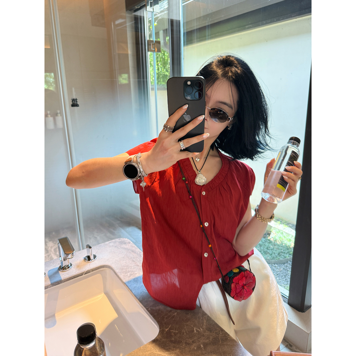 法式V领木耳边衬衫小飞袖上衣女