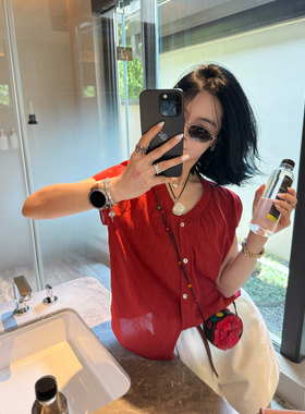 Theloe骆衣衣法式无袖v领小衫女夏季红色衬衫短款衬衣上衣薄款