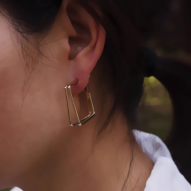 韩版双层四边形耳环女小众设计独特个性耳钉欧美夸张网红时尚