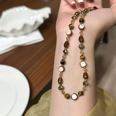 轻奢感天然石虎眼石串珠项链女美拉德复古时尚百搭颈链毛衣链