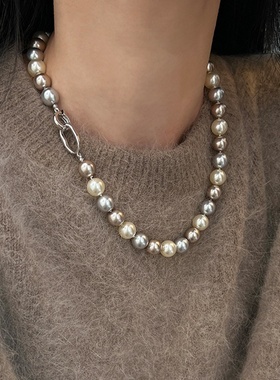 混彩渐变糖果彩色珍珠项链女优雅复古气质百搭时尚颈链毛衣链