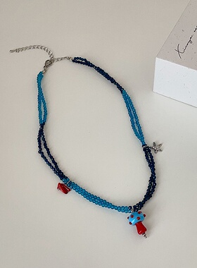 撞色水晶蘑菇星星吊坠双层项链女小众个性独特时尚百搭颈链锁骨链