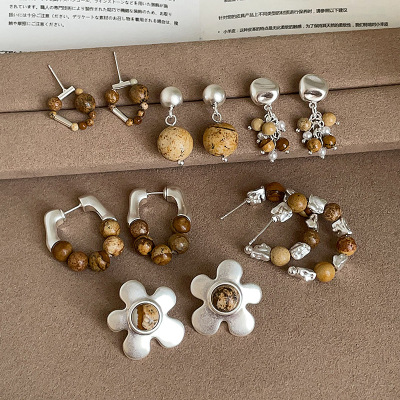 咖色复古天然石金属耳钉女小众设计感个性独特轻奢时尚耳环耳饰