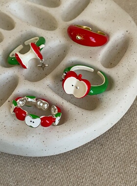 俏皮可爱滴油苹果开口戒指女小众设计感个性独特精致百搭指环戒子