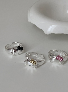 甜美可爱猫咪金属开口戒指女小众设计感优雅个性时尚百搭指环戒子