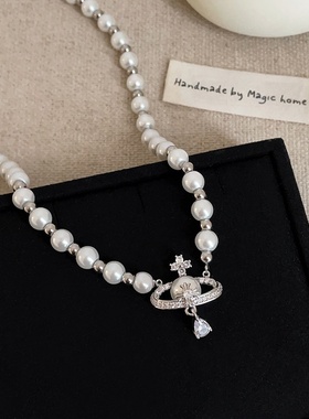 设计感星球吊坠珍珠串珠项链女复古轻奢时尚气质百搭颈链毛衣链