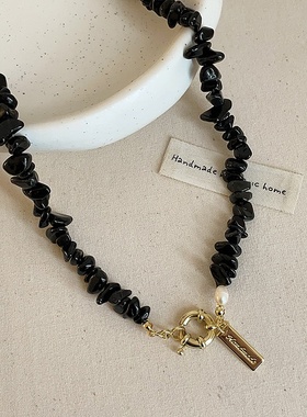 黑色天然石珍珠OT扣项链女设计感小众复古个性简约百搭颈链锁骨链