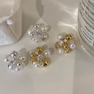 法式感锆石珍珠花球耳钉女轻奢优雅温柔时尚通勤百搭耳环耳饰