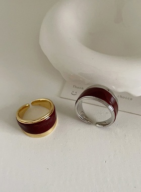 法式复古巧克力双层珐琅滴油开口戒指女小众轻奢优雅个性指环戒子