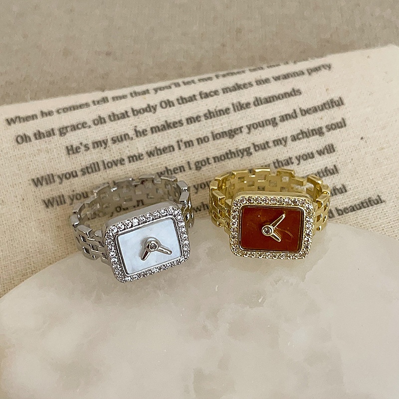 设计感方形钟表锆石链条开口戒指女小众个性时尚气质百搭指环戒子