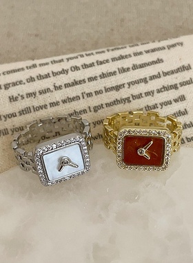 设计感方形钟表锆石链条开口戒指女小众个性时尚气质百搭指环戒子