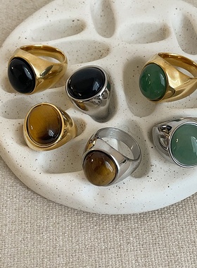 简约复古天然石光面金属戒指女小众设计感时尚气质百搭指环戒子