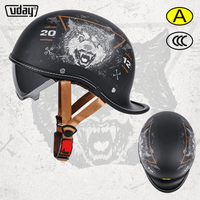 VDAY复古头盔瓢盔大码翘半盔加厚减震电动摩托车机车男女夏季半盔
