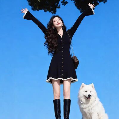 大码赫本风黑色V领针织连