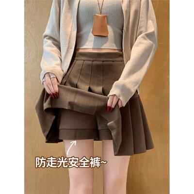 卡其色毛呢百褶裙女秋冬2
