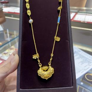 金包银錾刻双鱼锦鲤项链女古法传承锁包平安金锁吊坠毛衣链礼物