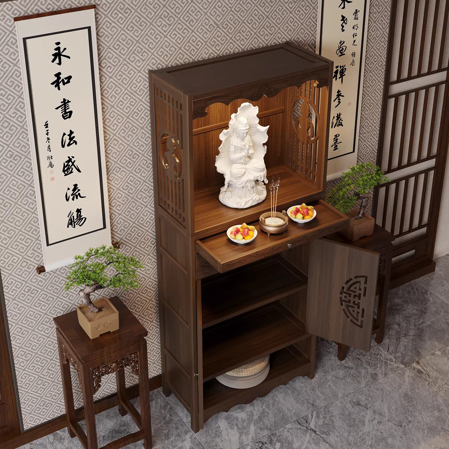 佛龛柜新中式玄关台立柜财神爷供桌香案台非实木农村堂屋观音佛像